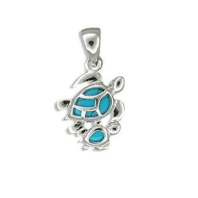 SILVER 925 BLUE TURQUOISE HAWAIIAN MOTHER BABY SEA TURTLE PENDANT RHODIUM (TP-196)