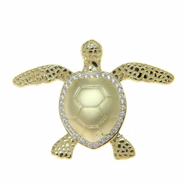 YELLOW GOLD SOLID 925 SILVER HAWAIIAN SWIMMING SEA TURTLE SLIDE PENDANT CZ (TP-201)