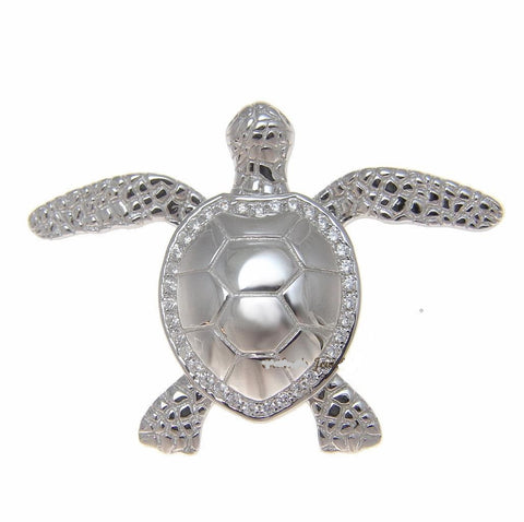 SOLID 925 SILVER HAWAIIAN SHINY SWIMMING SEA TURTLE SLIDE PENDANT CZ RHODIUM (TP-202)