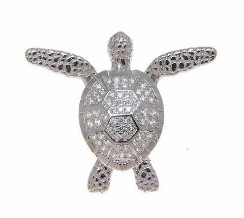 SOLID 925 STERLING SILVER HAWAIIAN SWIMMING SEA TURTLE SLIDE PENDANT CZ RHODIUM (TP-205)