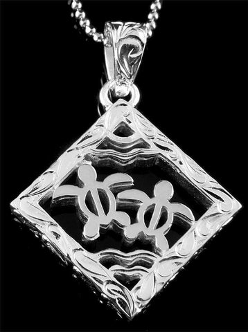 THICK SOLID 925 STERLING SILVER HAWAIIAN SCROLL 2 HONU TURTLE SQUARE PENDANT (TP-209)