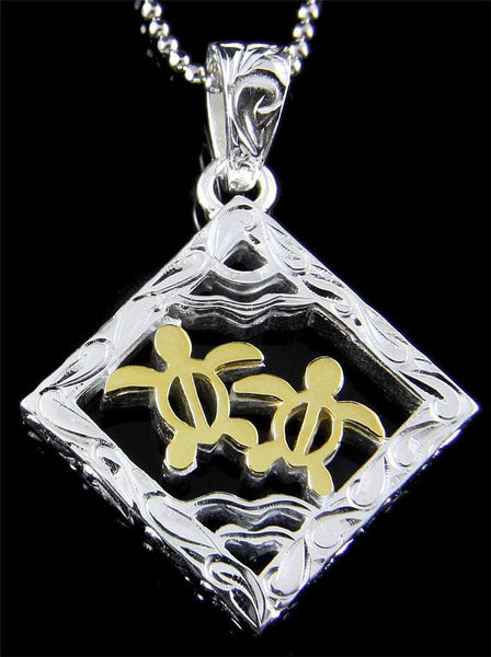 THICK SILVER 925 HAWAIIAN SCROLL 2 YELLOW GOLD PLATED HONU TURTLE SQUARE PENDANT (TP-210)