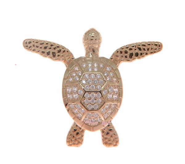 ROSE GOLD SOLID 925 SILVER HAWAIIAN SWIMMING SEA TURTLE SLIDE PENDANT CZ (TP-212)