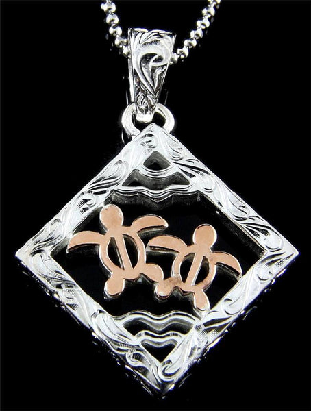 THICK SILVER 925 HAWAIIAN SCROLL 2 ROSE GOLD PLATED HONU TURTLE SQUARE PENDANT (TP-215)