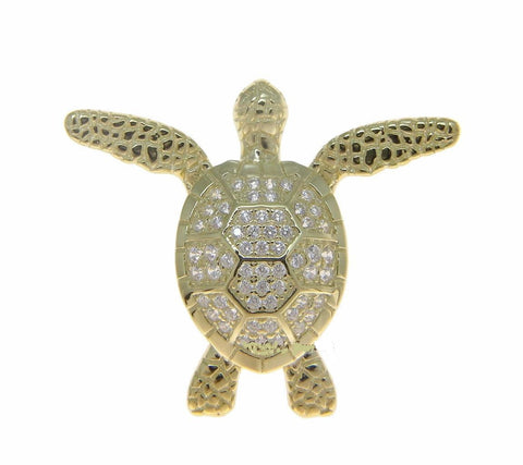 YELLOW GOLD SOLID 925 SILVER HAWAIIAN SWIMMING SEA TURTLE SLIDE PENDANT CZ (TP-216)