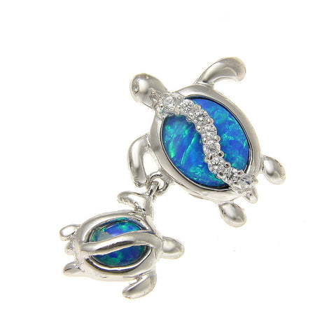 925 STERLING SILVER INLAY OPAL MOTHER BABY HAWAIIAN HONU SEA TURTLE PENDANT CZ (TP-217)