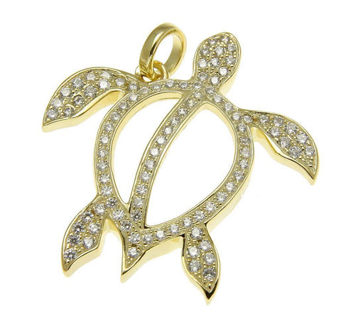 YELLOW GOLD SOLID 925 STERLING SILVER HAWAIIAN HONU TURTLE PENDANT CZ (TP-219)