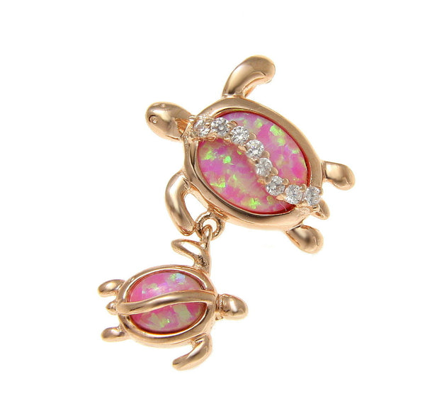 925 SILVER ROSE GOLD INLAY PINK OPAL MOTHER BABY HAWAIIAN HONU TURTLE PENDANT CZ (TP-222)