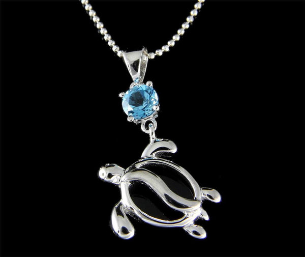 GENUINE BLUE TOPAZ 925 STERLING SILVER HAWAIIAN HONU TURTLE PENDANT RHODIUM (TP-248)