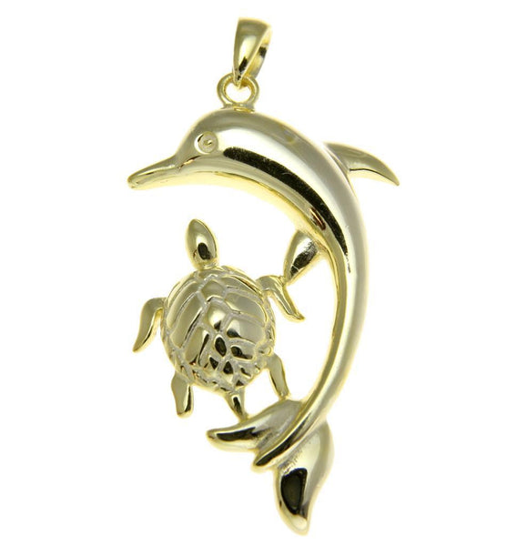 YELLOW GOLD SOLID 925 STERLING SILVER LARGE HAWAIIAN SEA TURTLE DOLPHIN PENDANT (TP-251)