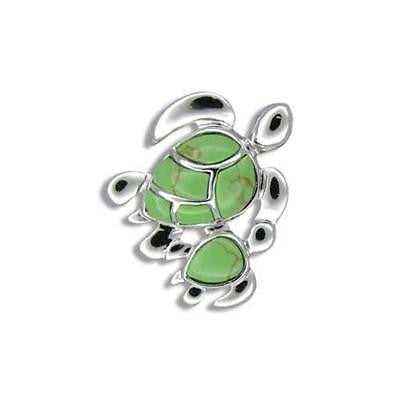 20MM SILVER 925 GREEN TURQUOISE HAWAIIAN MOTHER BABY TURTLE PENDANT RHODIUM (TP-252)