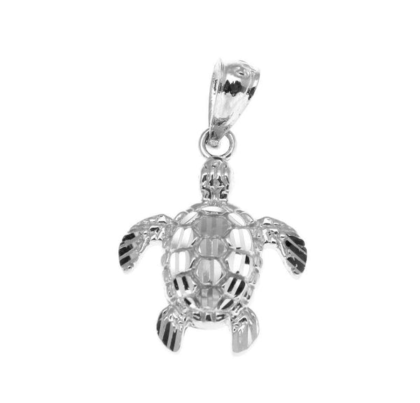 12MM 14K WHITE GOLD SPARKLY DIAMOND CUT HAWAIIAN SEA TURTLE HONU CHARM PENDANT (TP-253)