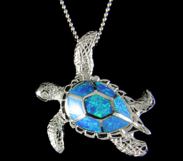 INLAY OPAL HAWAIIAN SEA TURTLE HONU PENDANT STERLING SILVER 925 LARGE (TP-260)