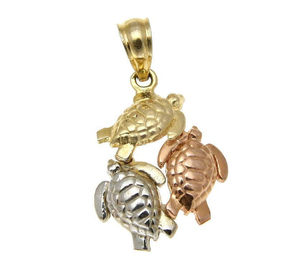 11MM SOLID 14K YELLOW ROSE WHITE GOLD TRICOLOR HAWAIIAN SEA TURTLE HONU PENDENT (TP-271)