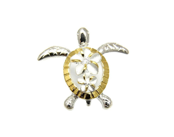 YELLOW GOLD PLATED SILVER 925 HAWAIIAN LARGE SMALL PLUMERIA HONU TURTLE PENDANT (TP-48)