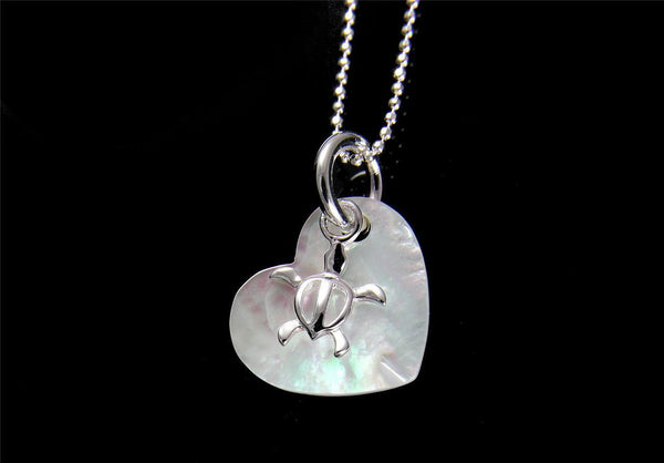 MOTHER OF PEARL SHELL HEART SILVER 925 HAWAIIAN MOVABLE HONU TURTLE PENDANT (TP-72)