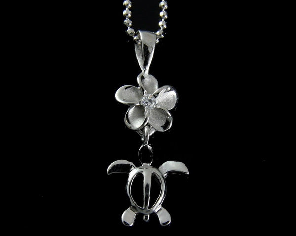 SILVER 925 HAWAIIAN PLUMERIA FLOWER DANGLE HONU SEA TURTLE PENDANT RHODIUM (TP-78)