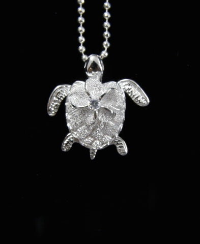 SILVER 925 HAWAIIAN 3D MOVING TURTLE CARRY MOVABLE PLUMERIA FLOWER PENDANT (TP-84)