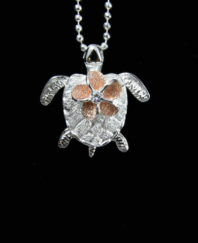 PINK ROSE SILVER 925 HAWAIIAN 3D MOVING TURTLE MOVABLE PLUMERIA FLOWER PENDANT (TP-85)