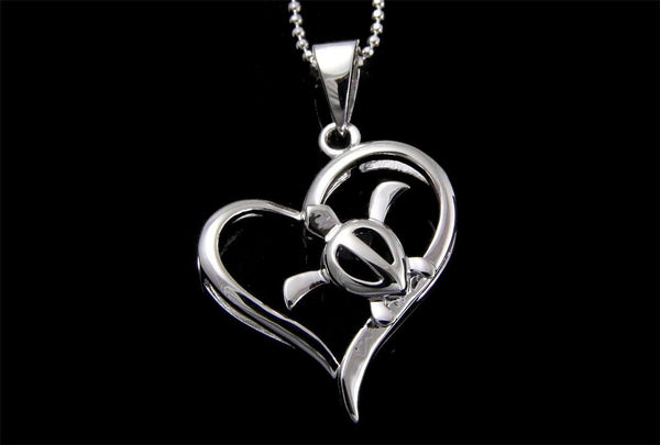 STERLING SILVER 925 SHINY HAWAIIAN HONU TURTLE HEART PENDANT (TP-96)